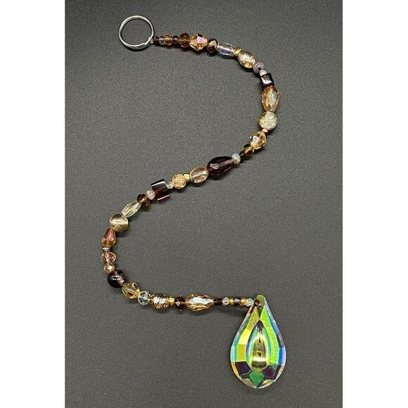 Beaded Suncatcher Champagne Gold Brown Clear Crystal Prism Hanging Patio Decor - Picture 2 of 10
